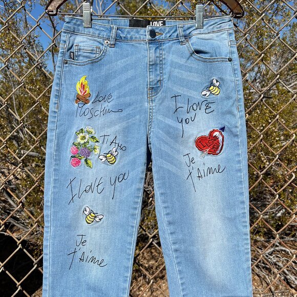 Love Moschino Denim - Love Moschino Embroidered Boyfriend Jeans, Stretch Straight Leg, Sz 26 Je T'Aime